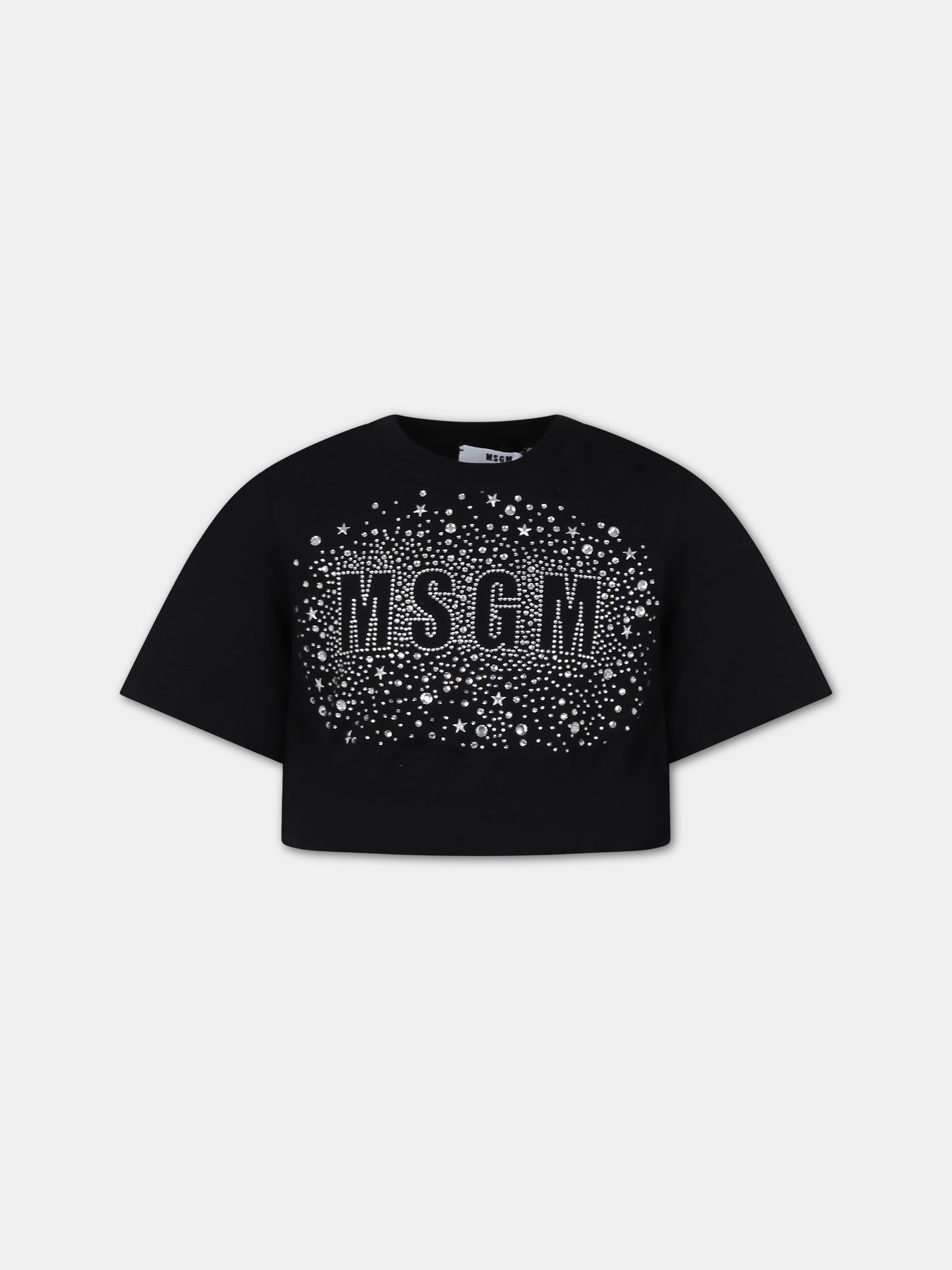 T-shirt nera per bambina con logo e stelle,Msgm Kids,F3MSJGTH136 110