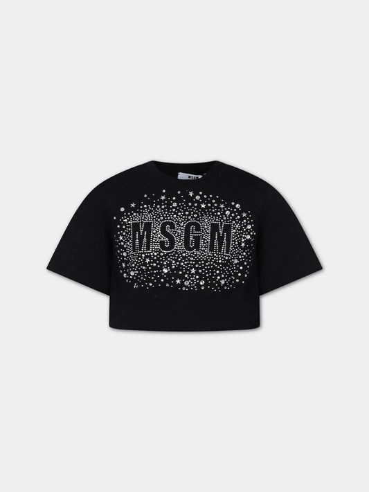 T-shirt nera per bambina con logo e stelle,Msgm Kids,F3MSJGTH136 110
