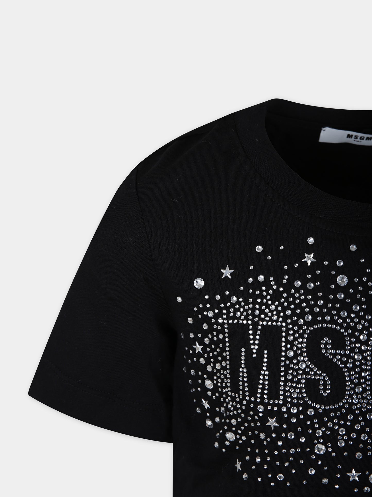 T-shirt nera per bambina con logo e stelle,Msgm Kids,F3MSJGTH136 110
