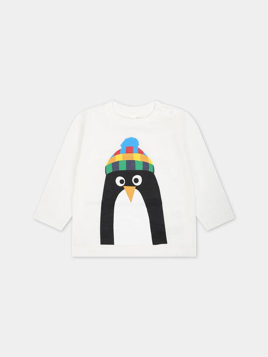 T-shirt bianca per neonata con stampa pinguino,Stella Mccartney Kids,TT8610 Z0434 101