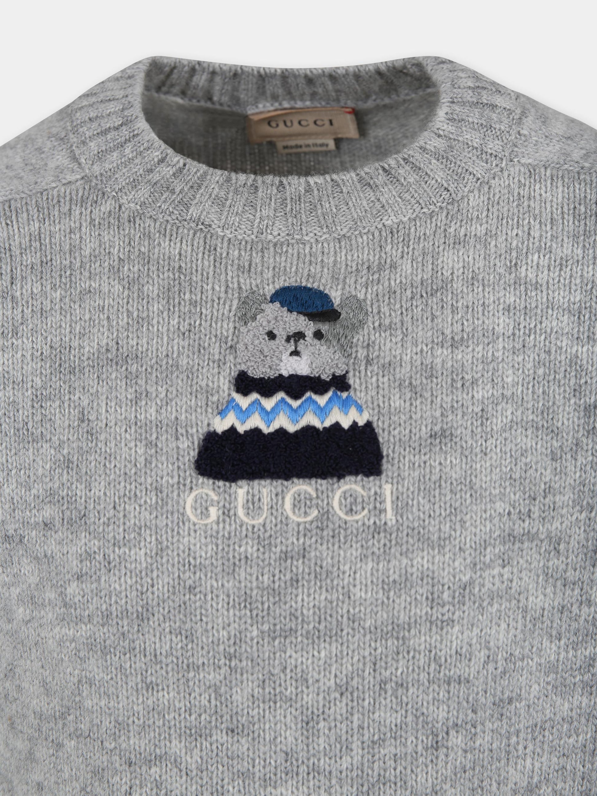 Maglione grigio per bambino con cane e logo Gucci,Gucci Kids,785287 XKD4I 1056