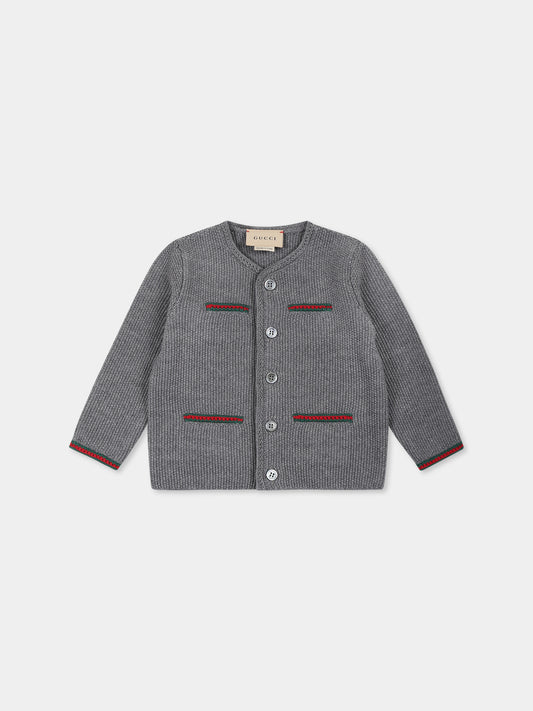 Cardigan grigio per neonato con nastro Web,Gucci Kids,790774 XKD52 1127