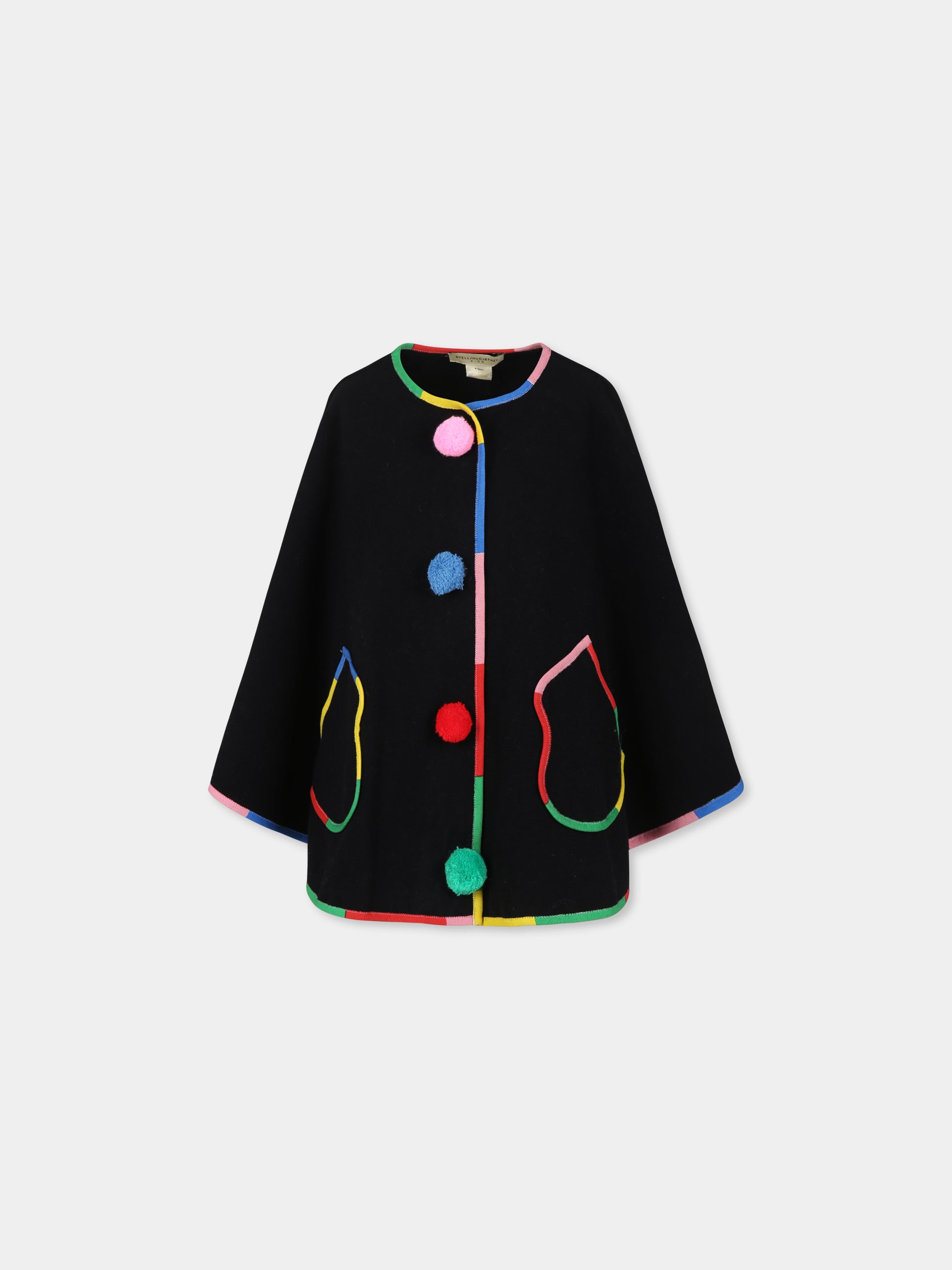 Cappa nera per bambina con pom pon,Stella Mccartney Kids,TV2D33 Z2368 930