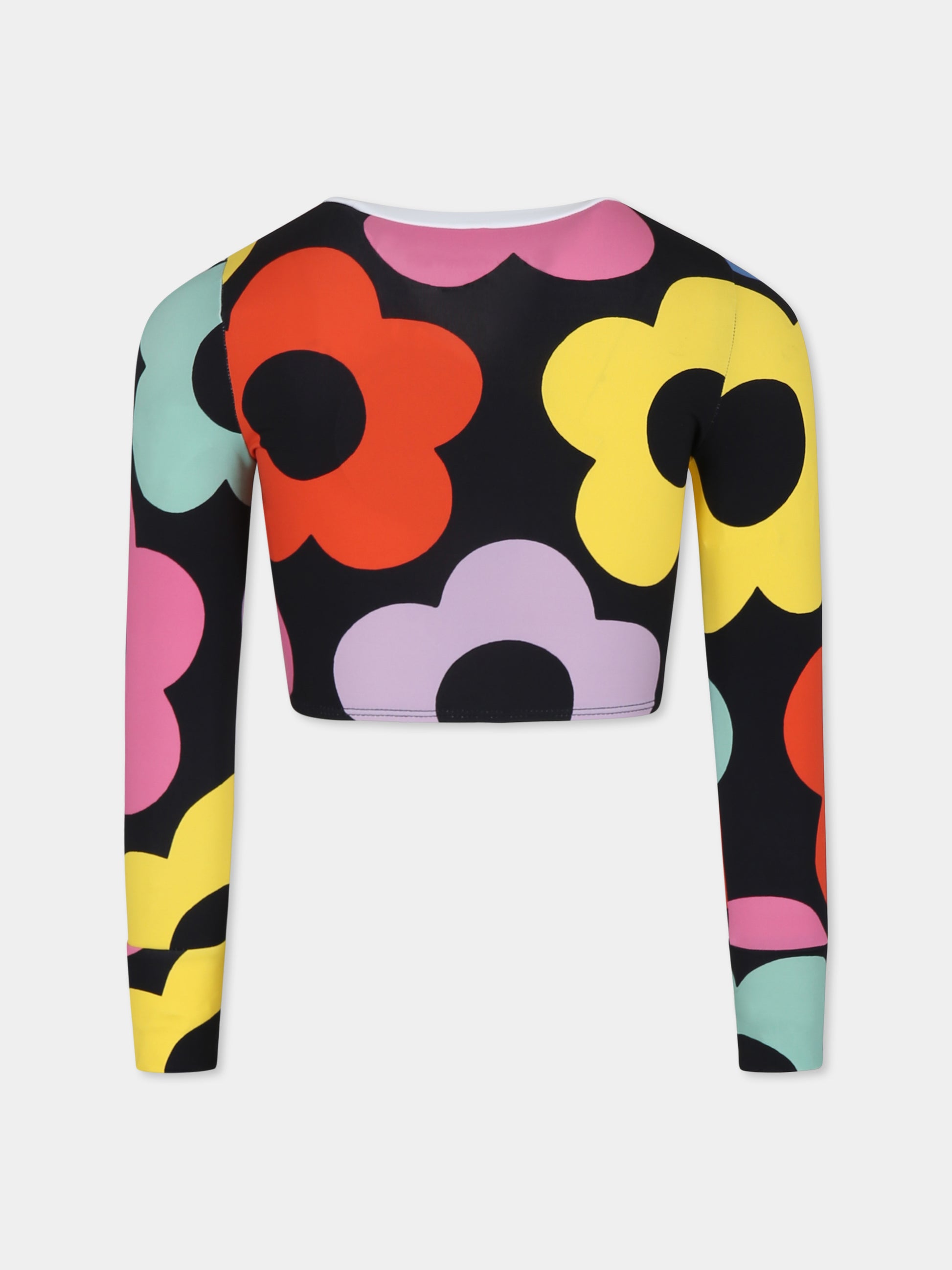 T-shirt crop nera per bambina con stampa fiori,Stella Mccartney Kids,TV8C10 Z2028 930MC