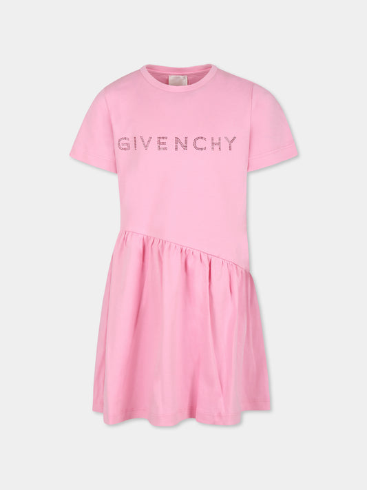 Vestito rosa per bambina con logo e strass,Givenchy Kids,H30385 465