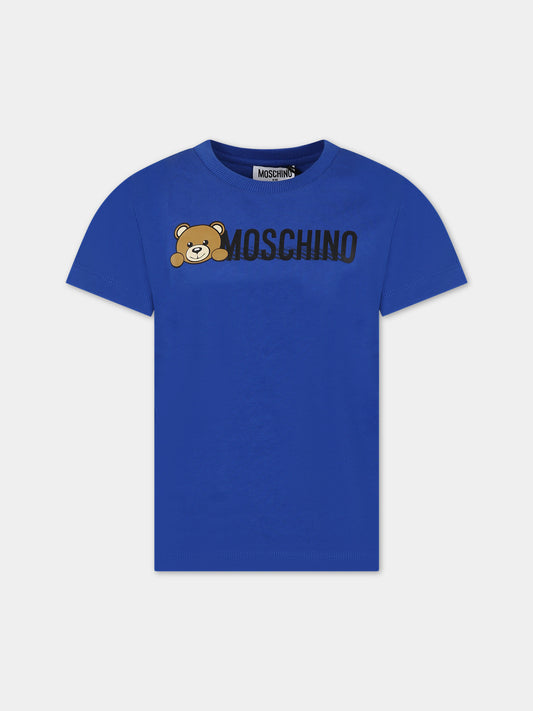 T-shirt blu per bambini con Teddy Bear e logo,Moschino Kids,HWM03U LAA34 40457