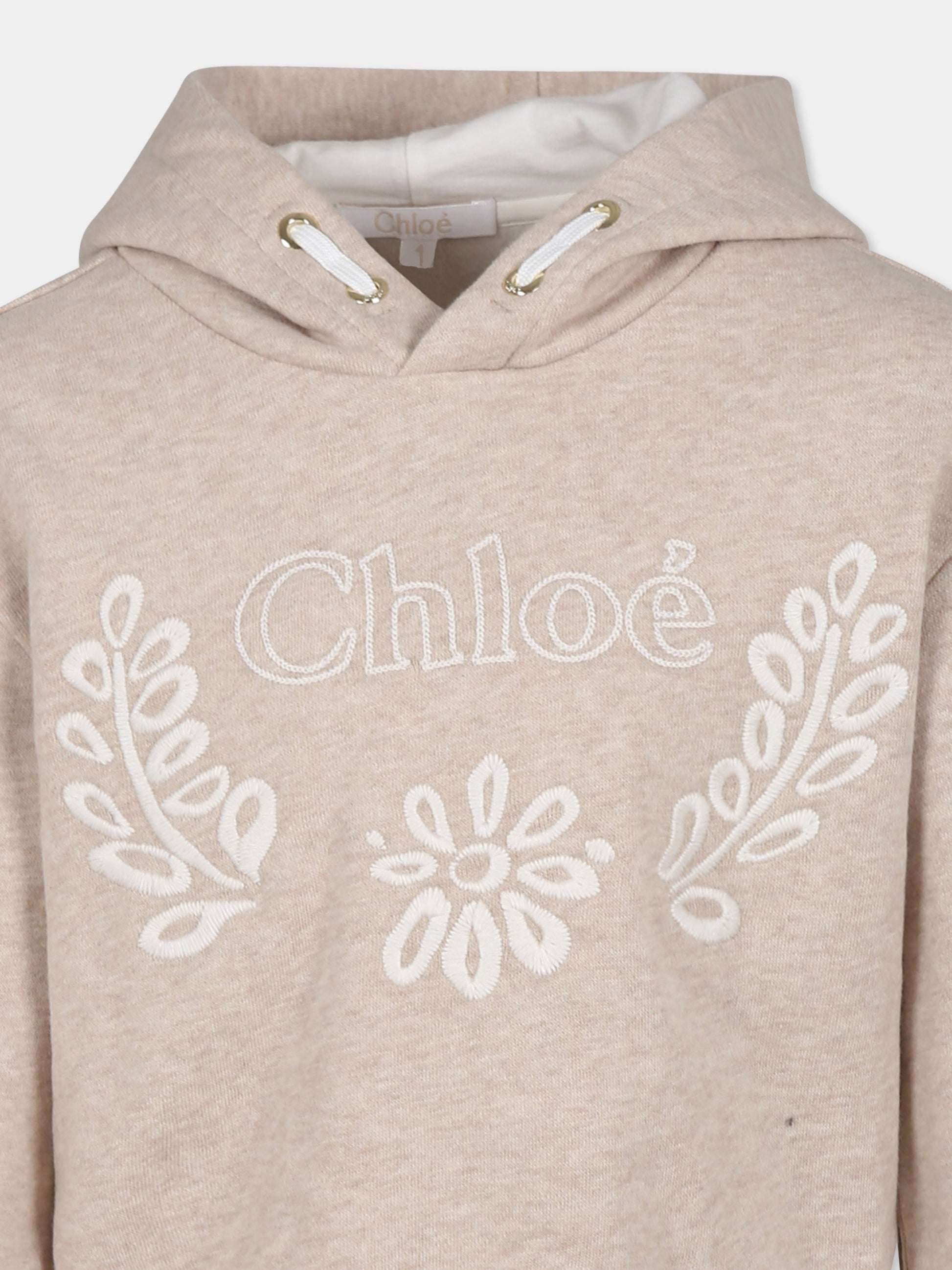 Felpa beige per bambina con ricami e logo,Chloé Kids,C20357 C03