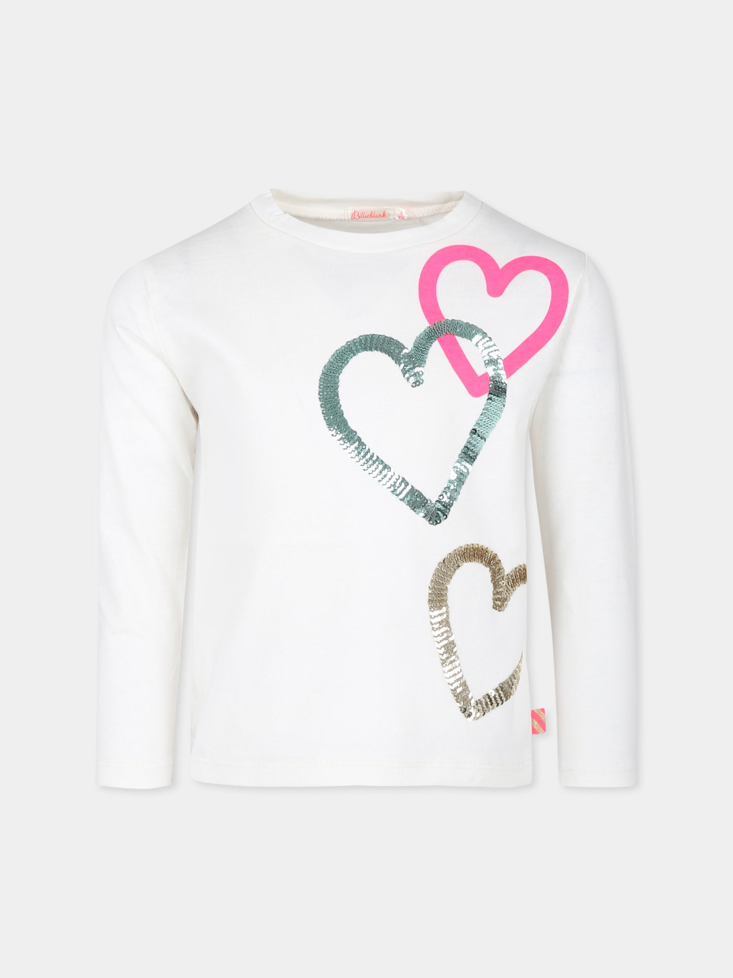 T-shirt avorio per bambina con cuori e paillettes,Billieblush,U20484 121