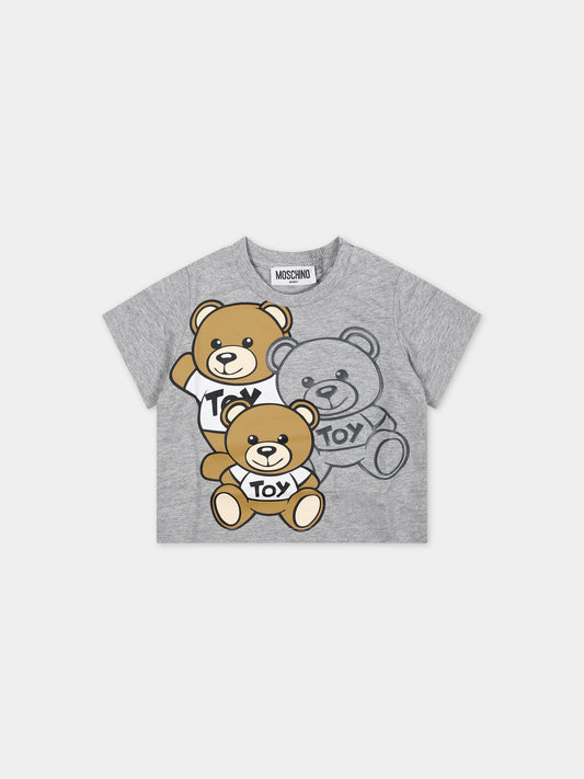 T-shirt grigia per neonato con Teddy Bears,Moschino Kids,MPM032 LAA20 60901