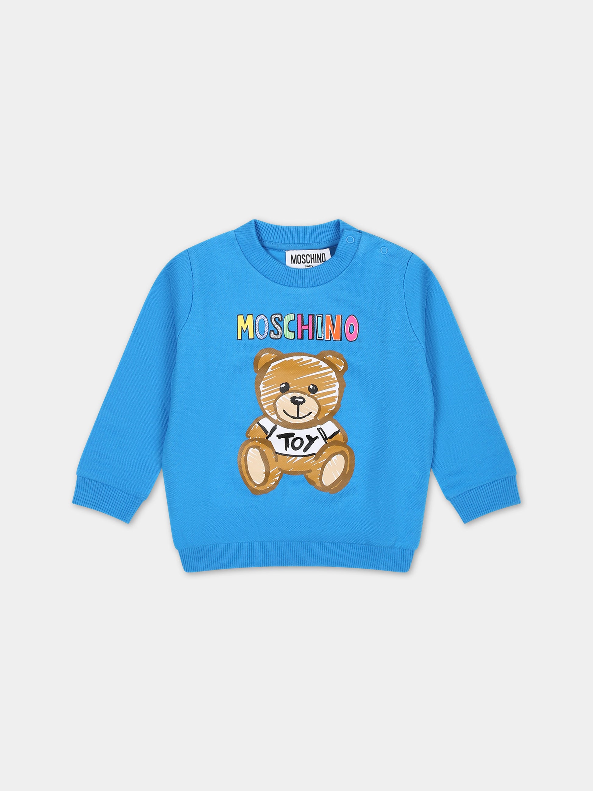 Felpa azzurra per neonati con Teddy Bear e logo multicolor,Moschino Kids,MTF04Q LCA64 41017