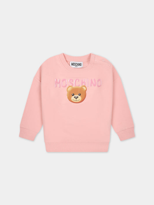 Felpa rosa per neonata con Teddy Bear e logo,Moschino Kids,MUF04X LDA17 50209