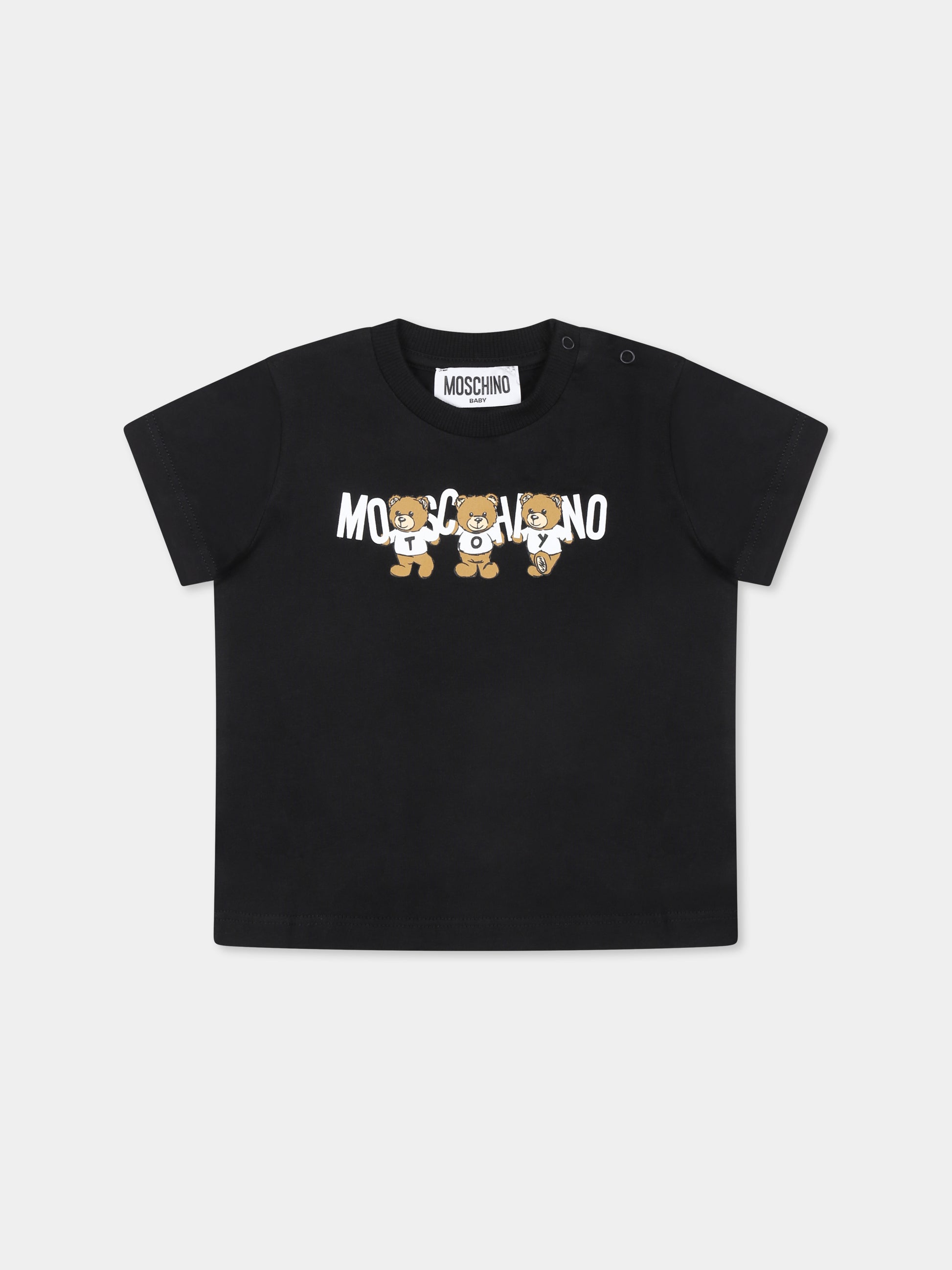 T-shirt nera per neonati con tre Teddy Bears,Moschino Kids,M7M032 LAA10 60100