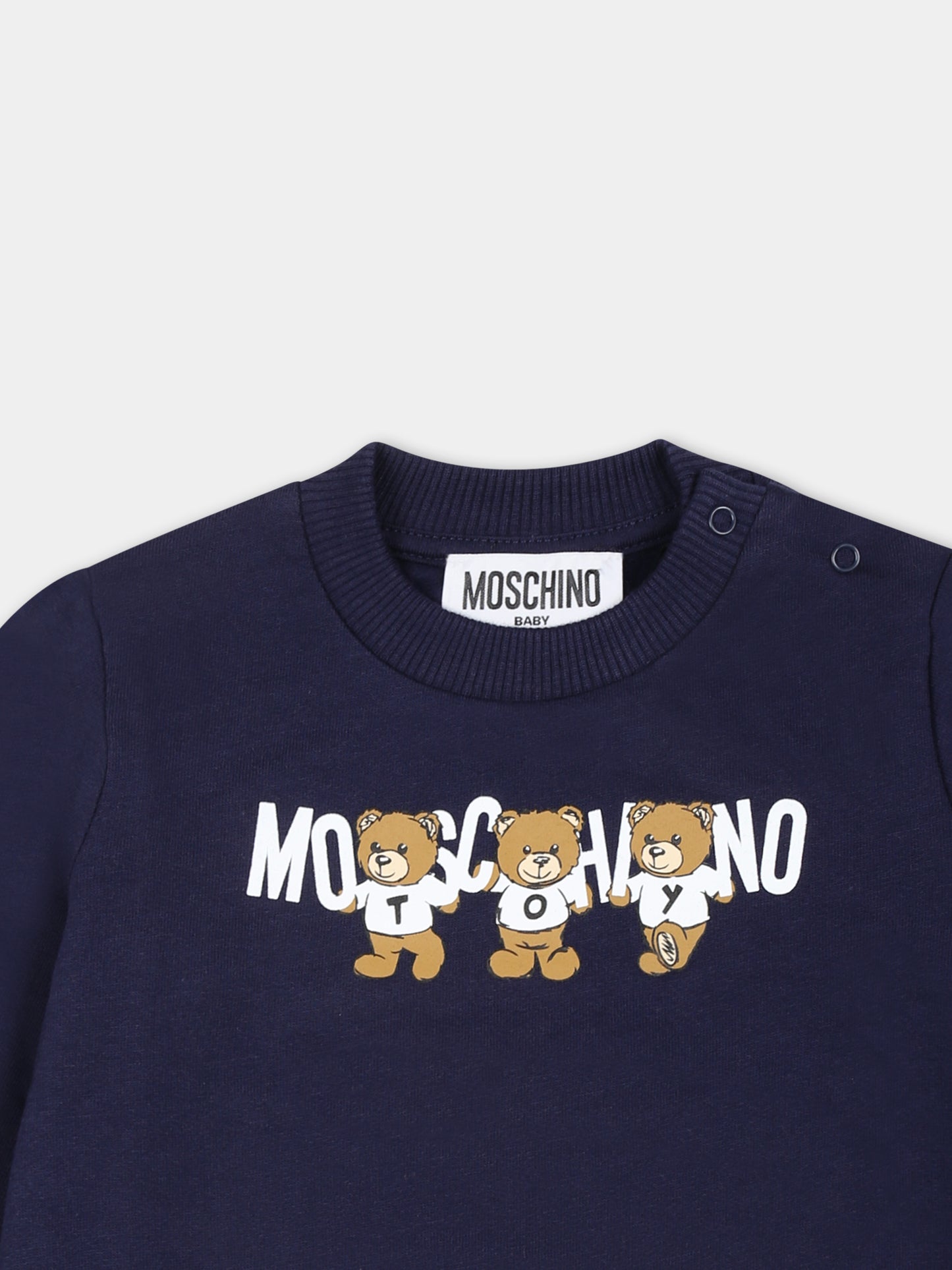 Felpa blu per neonati con tre Teddy Bears,Moschino Kids,M8F04Q LCA40 40016