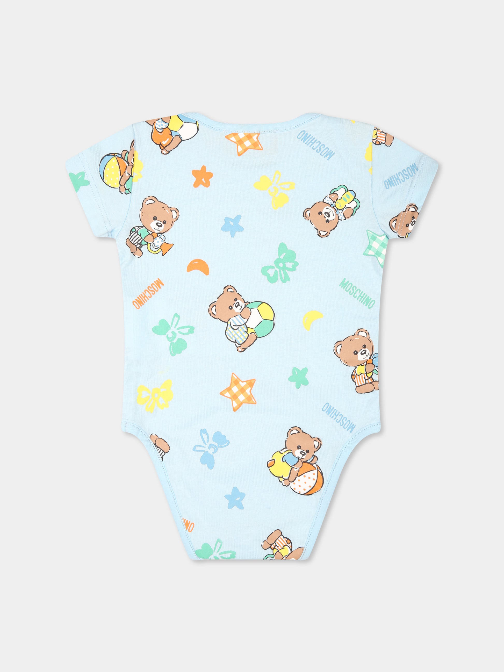 Set body celeste per neonato con Teddy Bear e stelle,Moschino Kids,M8Y017 LAB99 86018