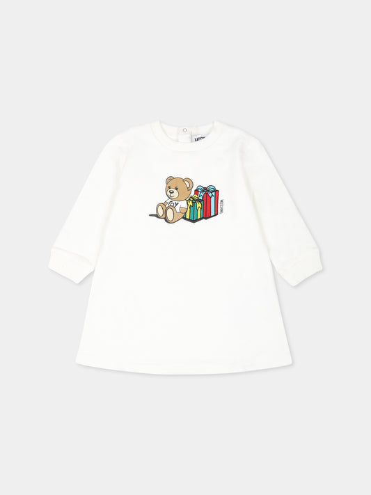 Vestito avorio per neonata con Teddy Bear e regali,Moschino Kids,MBV0A2 LDA17 10063