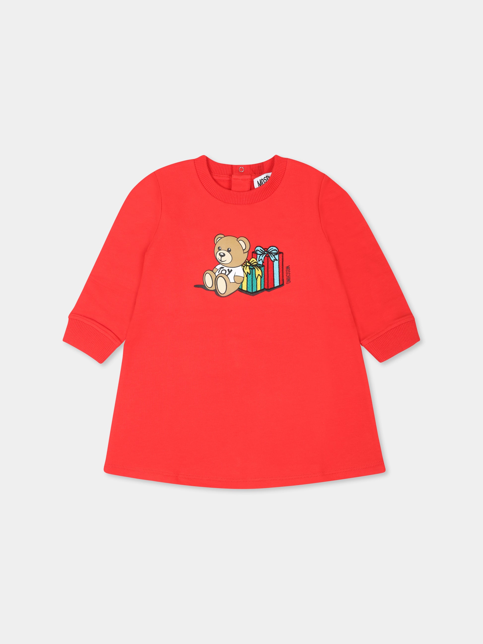 Vestito rosso per neonata con Teddy Bear e regali,Moschino Kids,MBV0A2 LDA17 50109