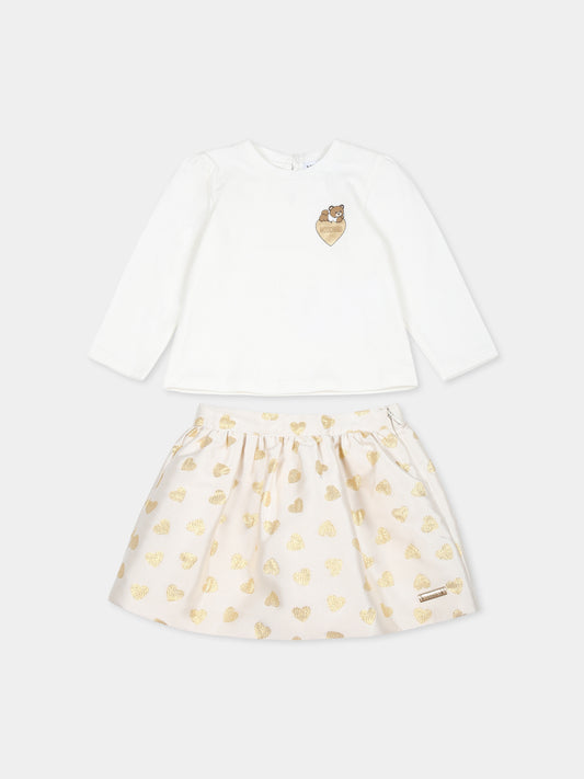 Completo avorio per neonata con Teddy Bear e cuori,Moschino Kids,MDK02V LZE07 84545