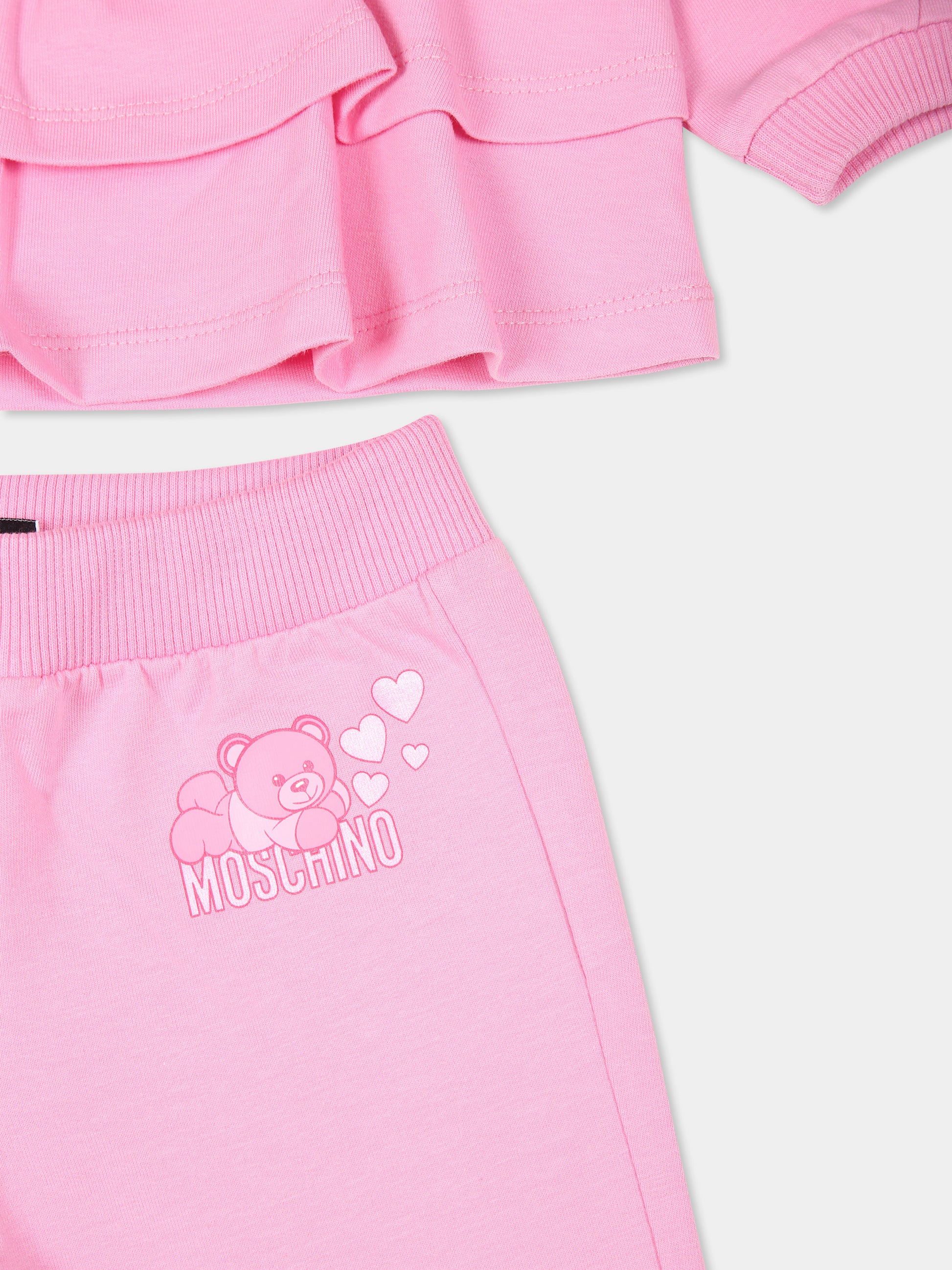 Completo rosa per neonata con Teddy Bear e cuori,Moschino Kids,MDK02Z LDA16 50243