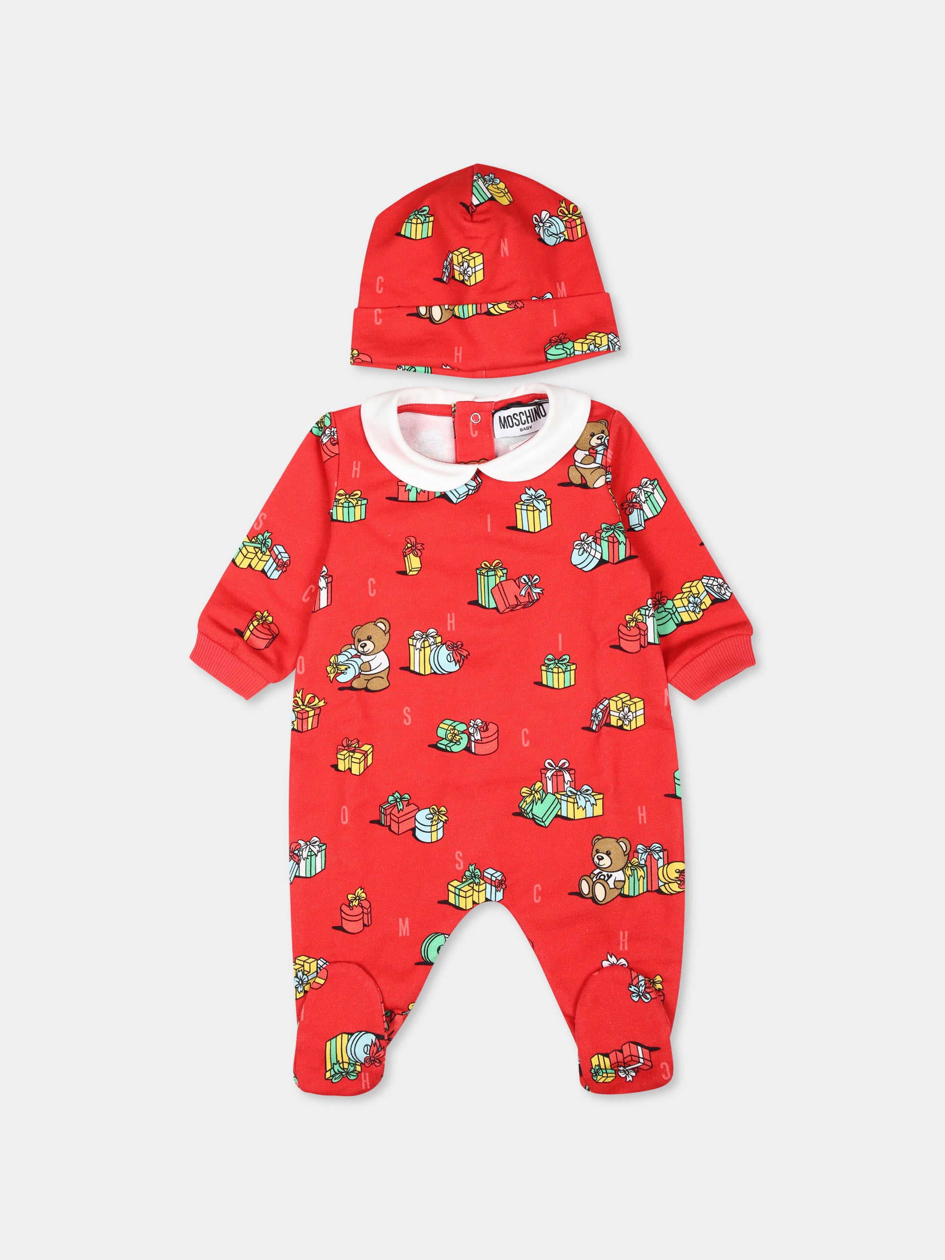 Set tutina rosso per neonati con Teddy Bear e regali,Moschino Kids,MOY028 LCB52 83627