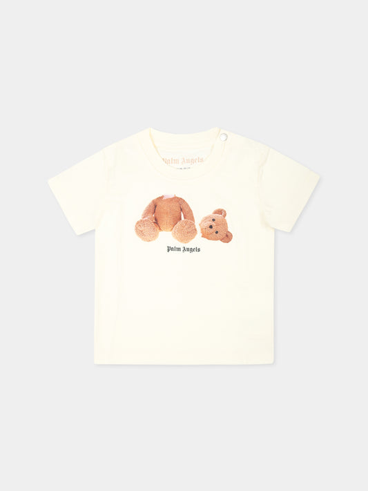 T-shirt avorio per neonato con logo,Palm Angels,PBXB001F24JER0010460