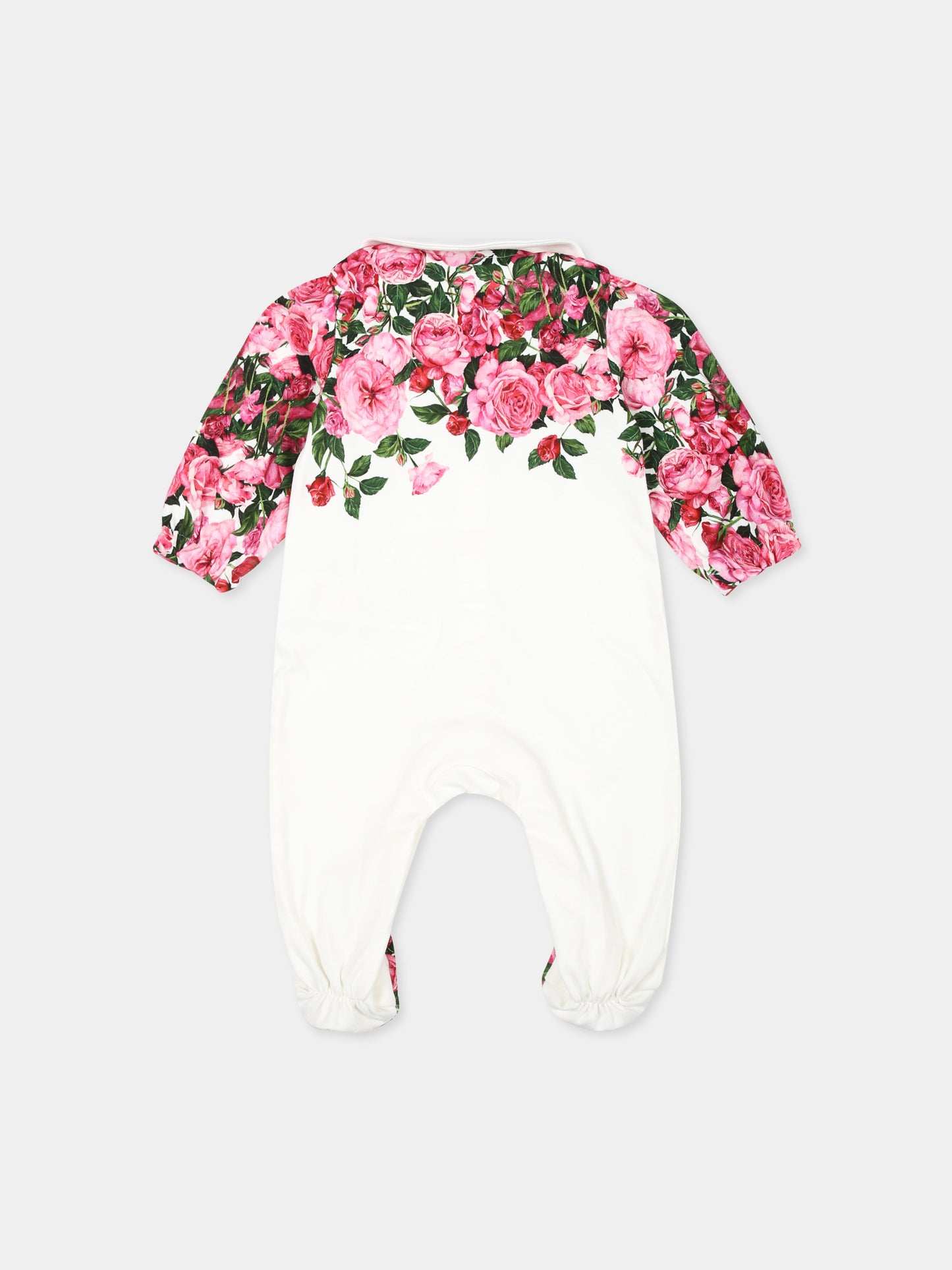 Set tutina bianca per neonata con logo DG e stampa rose,Dolce & Gabbana Kids,L2JO2Y II7E8 HW412