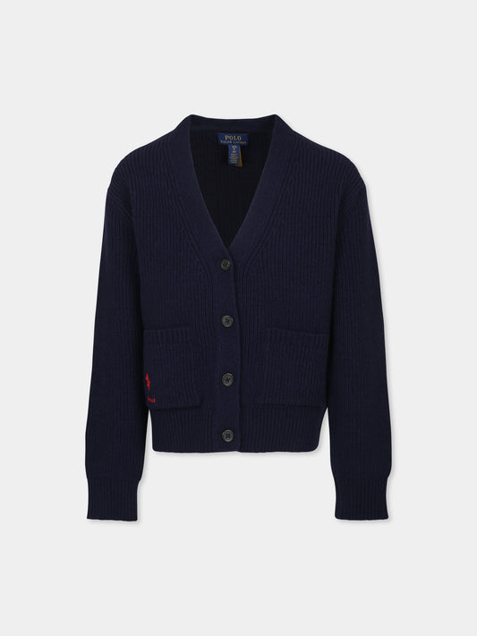 Cardigan blu per bambino con cavallino,Ralph Lauren Kids,952299001