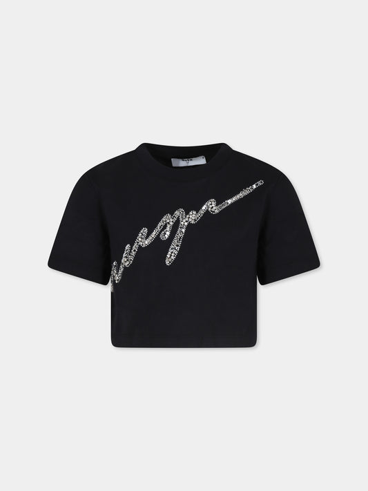 T-shirt crop nera per bambina con logo e strass,Msgm Kids,F4MSJGTH116 110