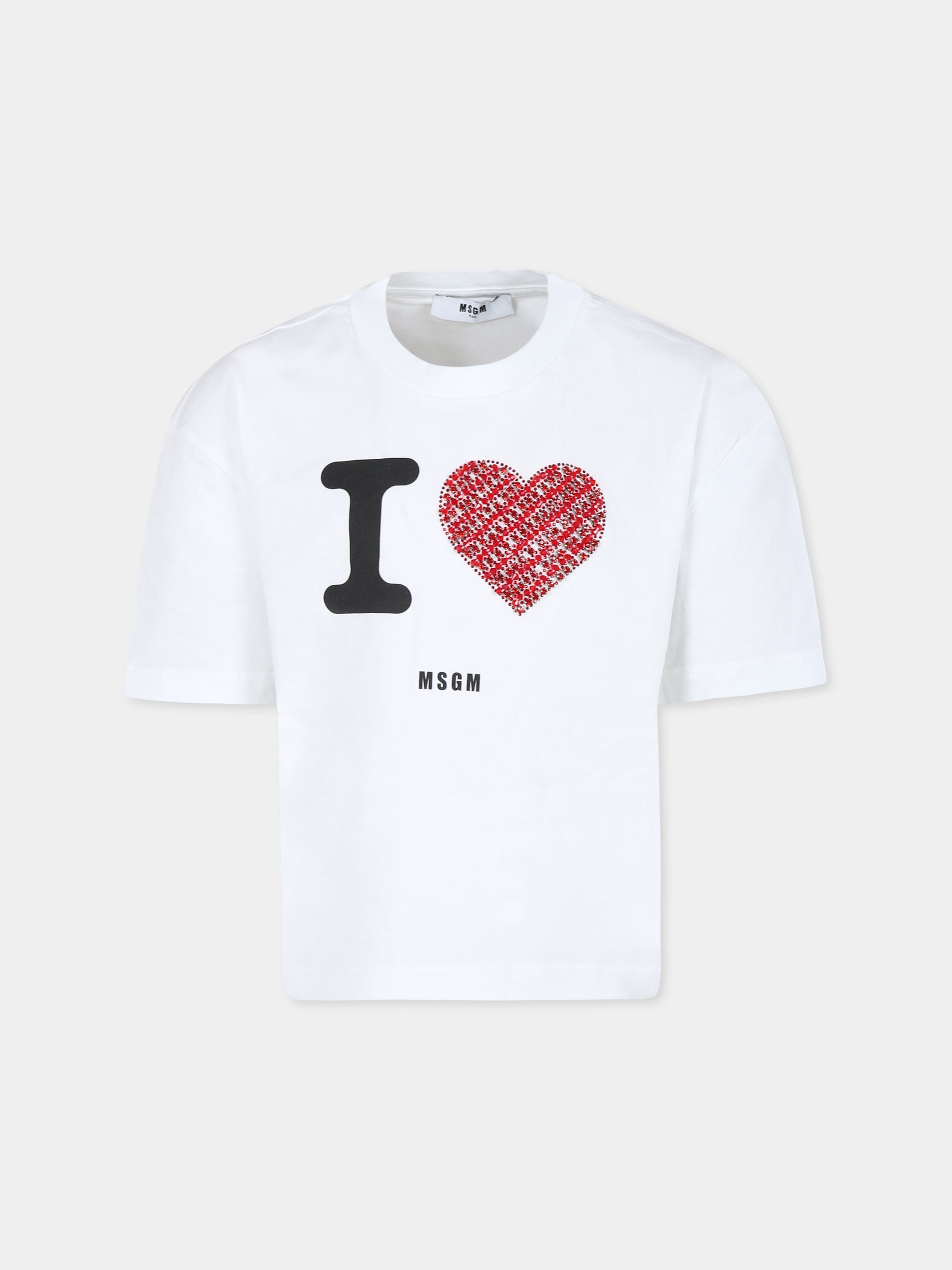 T-shirt bianca per bambina con cuore e logo,Msgm Kids,F4MSJGTH143 001