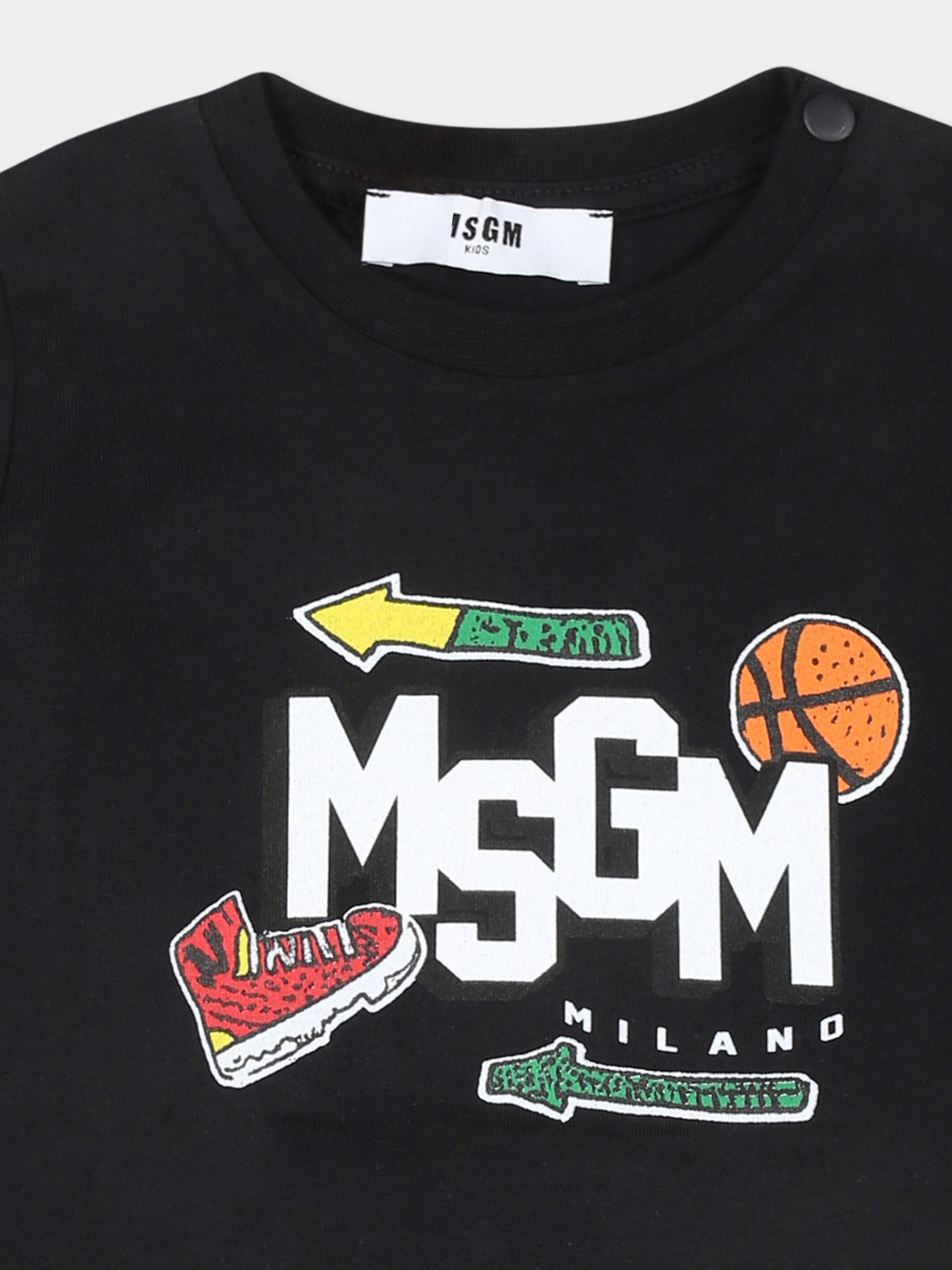 T-shirt nera per neonato con logo e palla,Msgm Kids,F4MSNBTH262 110