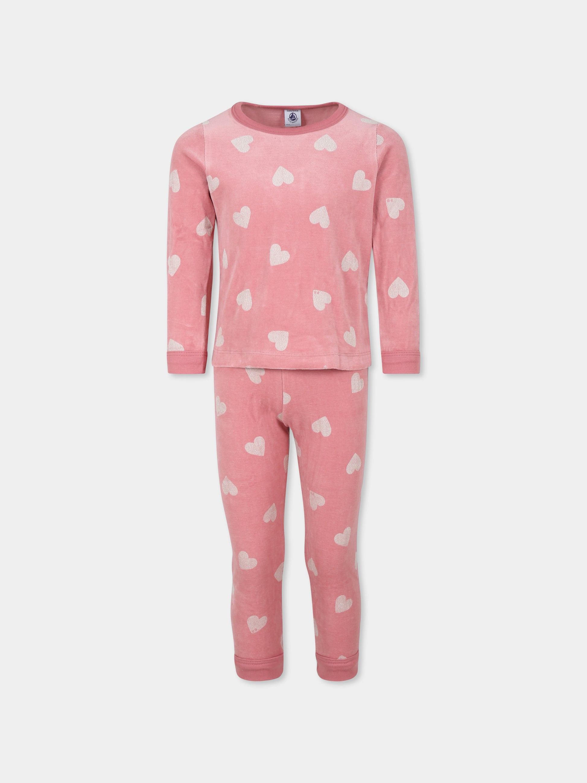 Pigiama rosa per bambina con cuori,Petit Bateau,A0BMD ROSEWOOD/MARSHMALLOW 01