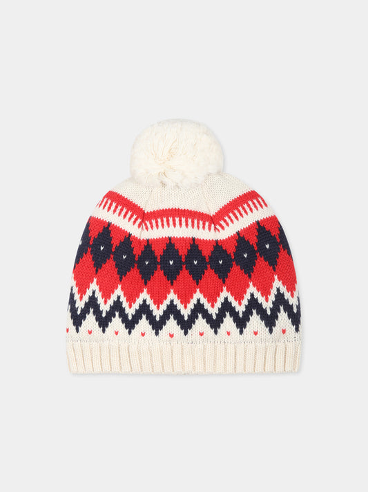 Cappello avorio con pom pon per neonati,Petit Bateau,A0BZU AVALANCHE/MULTICO 01