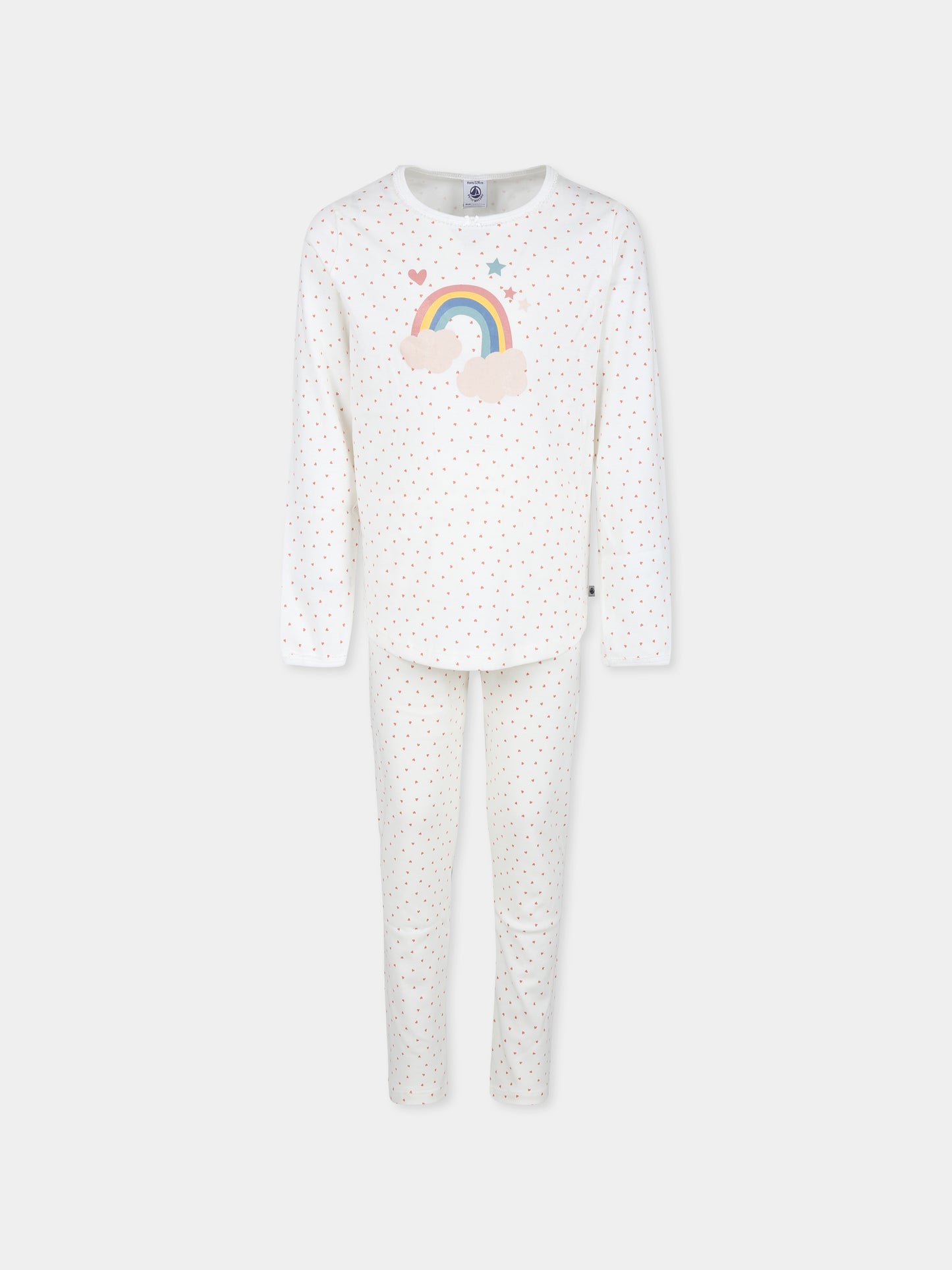 Pigiama avorio con arcobaleno e cuori per bambina,Petit Bateau,A0B86 MARSHMALLOW/PAPAYE 01