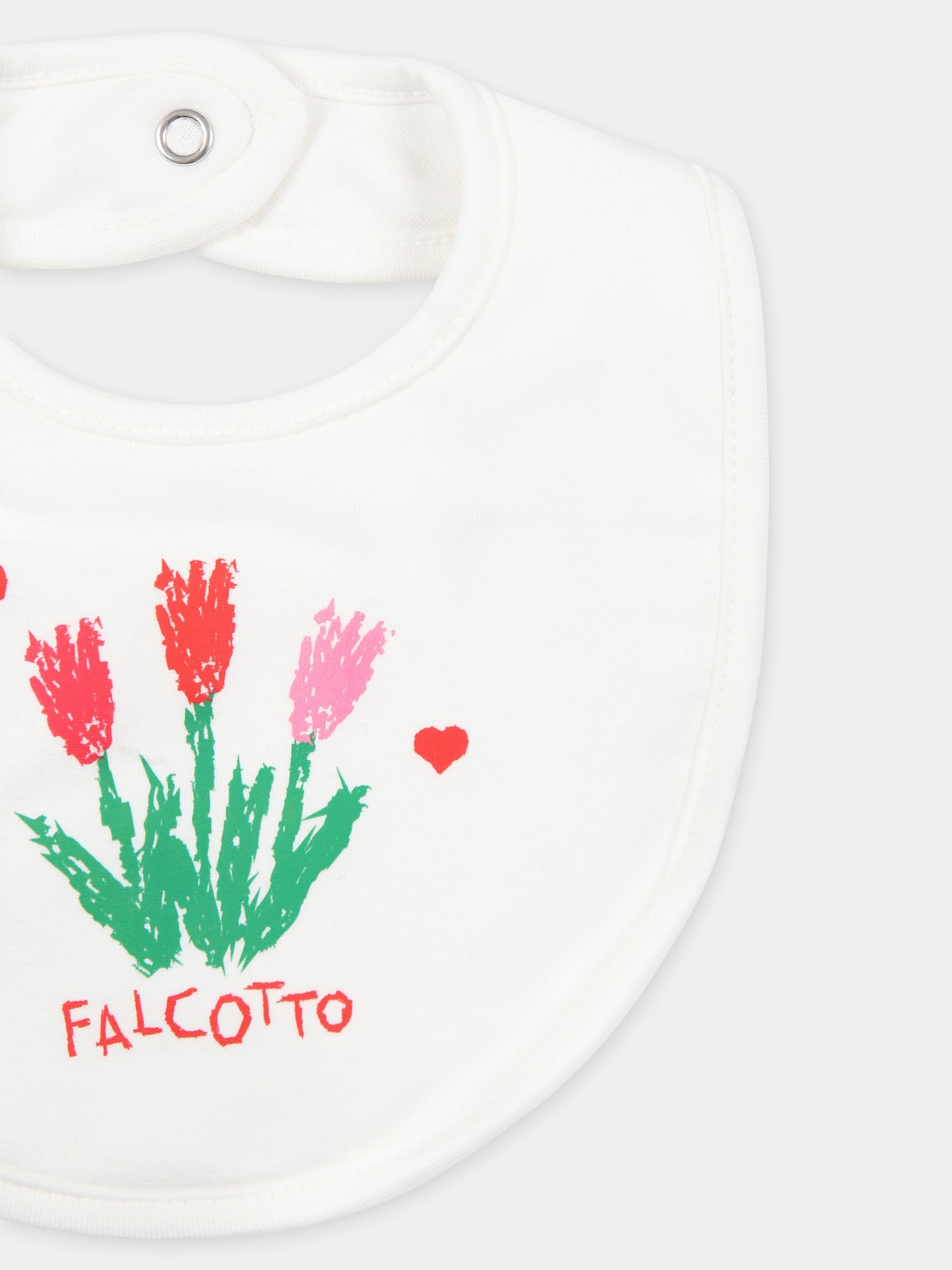 Bavaglino bianco per neonata con logo e fiori,Falcotto,0N02 001 6002530 01