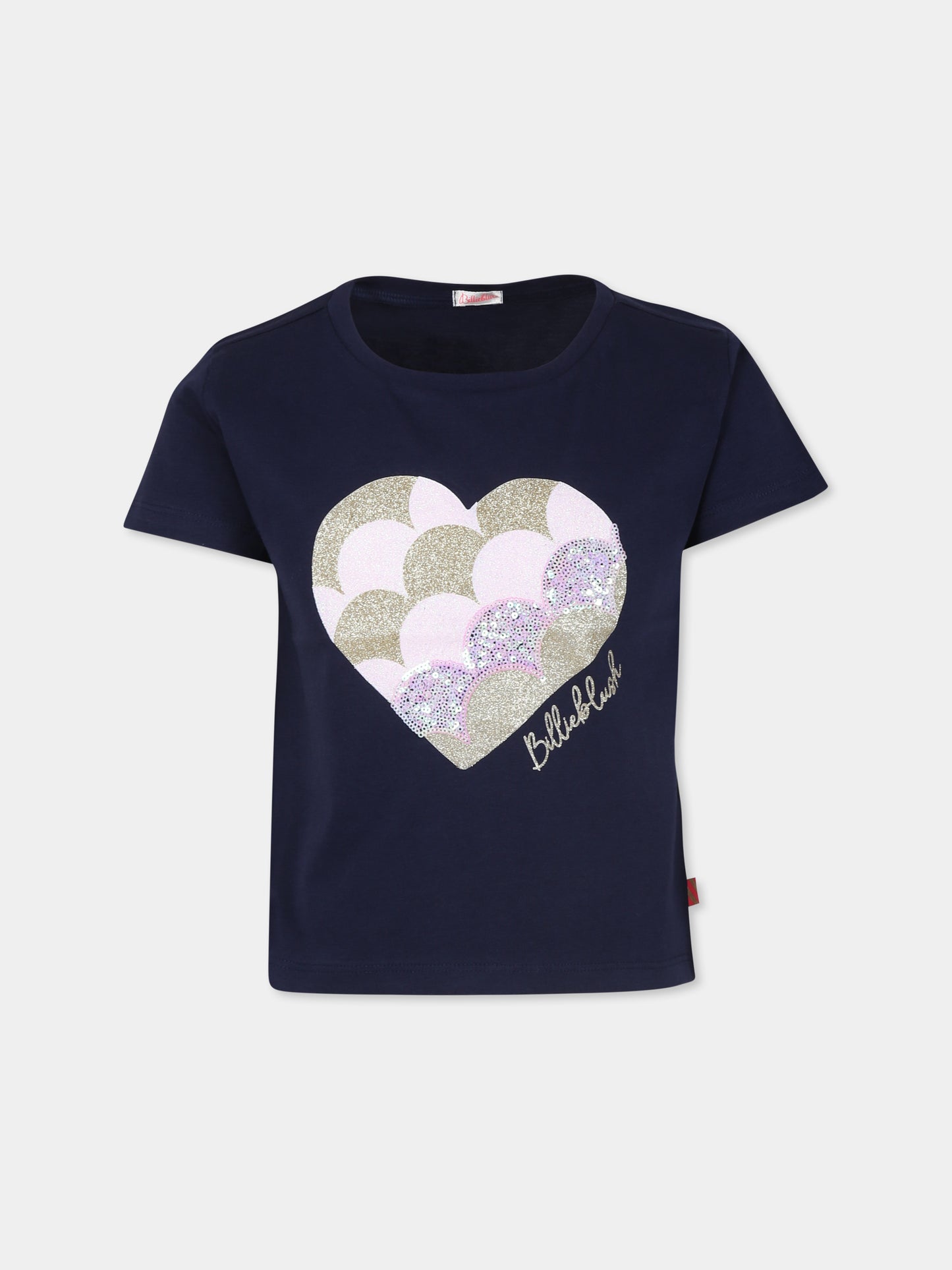 T-shirt blu per bambina con cuore e paillettes,Billieblush,U20482 85T