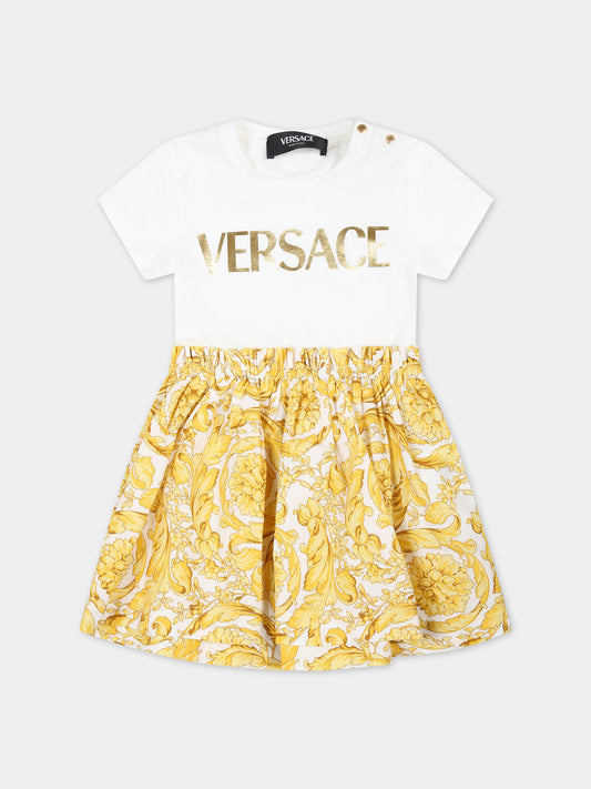 Vestito bianco per neonata con logo Versace e stampa barocco,Versace,1000354 1A09957 2W110