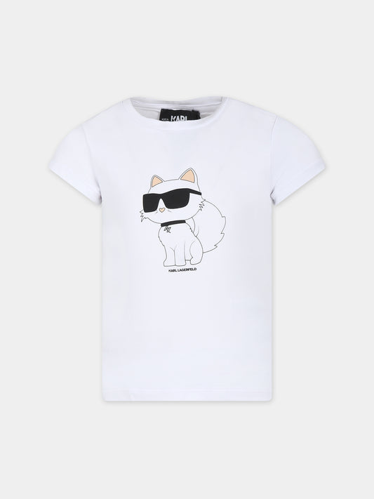 T-shirt bianca per bambina con stampa Choupette e logo,Karl Lagerfeld Kids,Z15416 10P