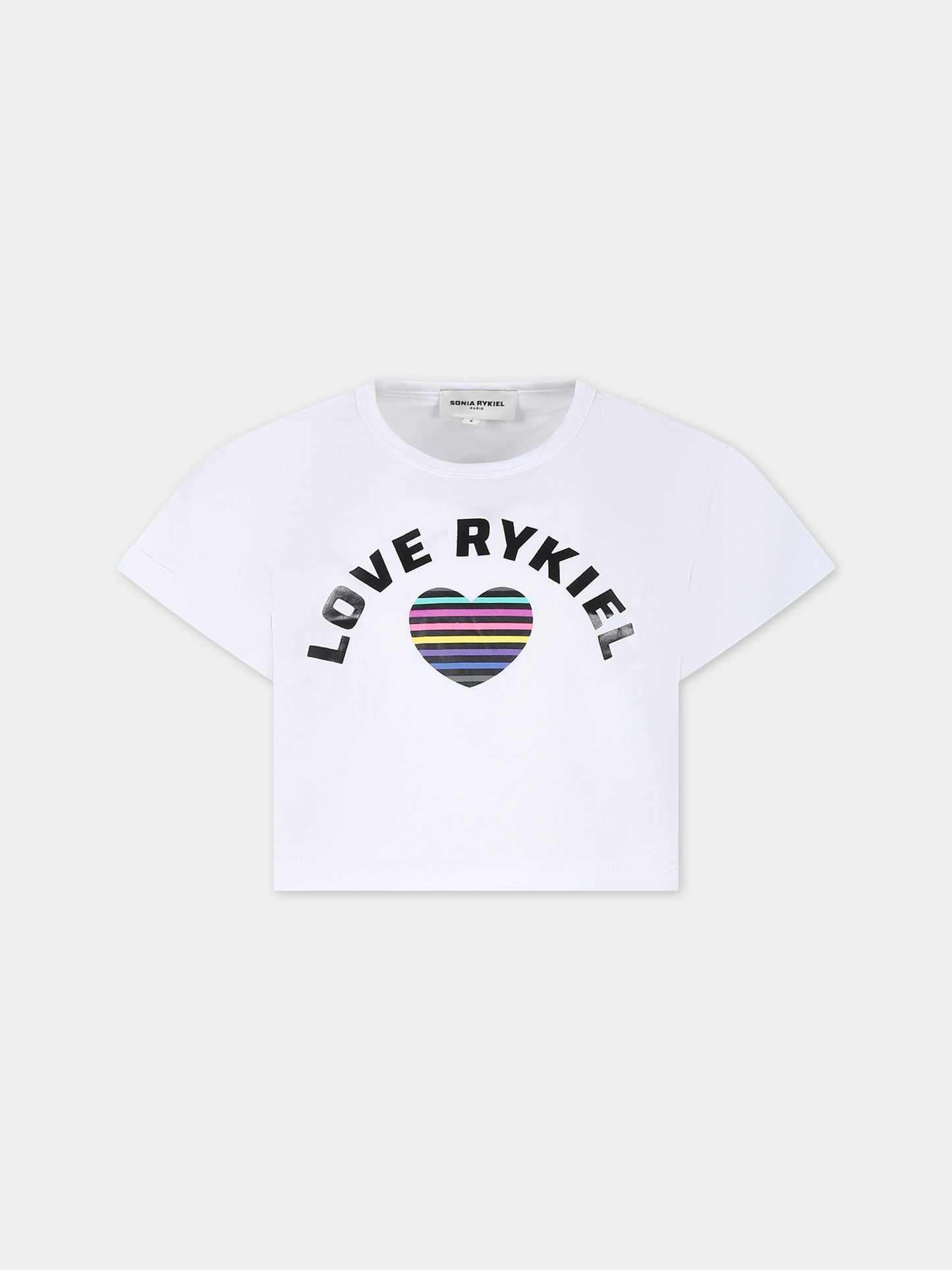 T-shirt crop bianca per bambina con logo e cuore,Sonia Rykiel Paris,A15015 10P