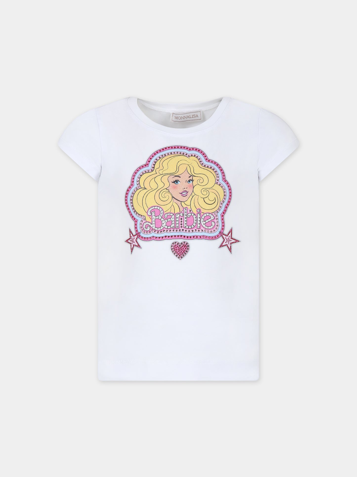 T-shirt bianca per bambina con stampa Barbie e strass,Monnalisa,19C635 3011 0099