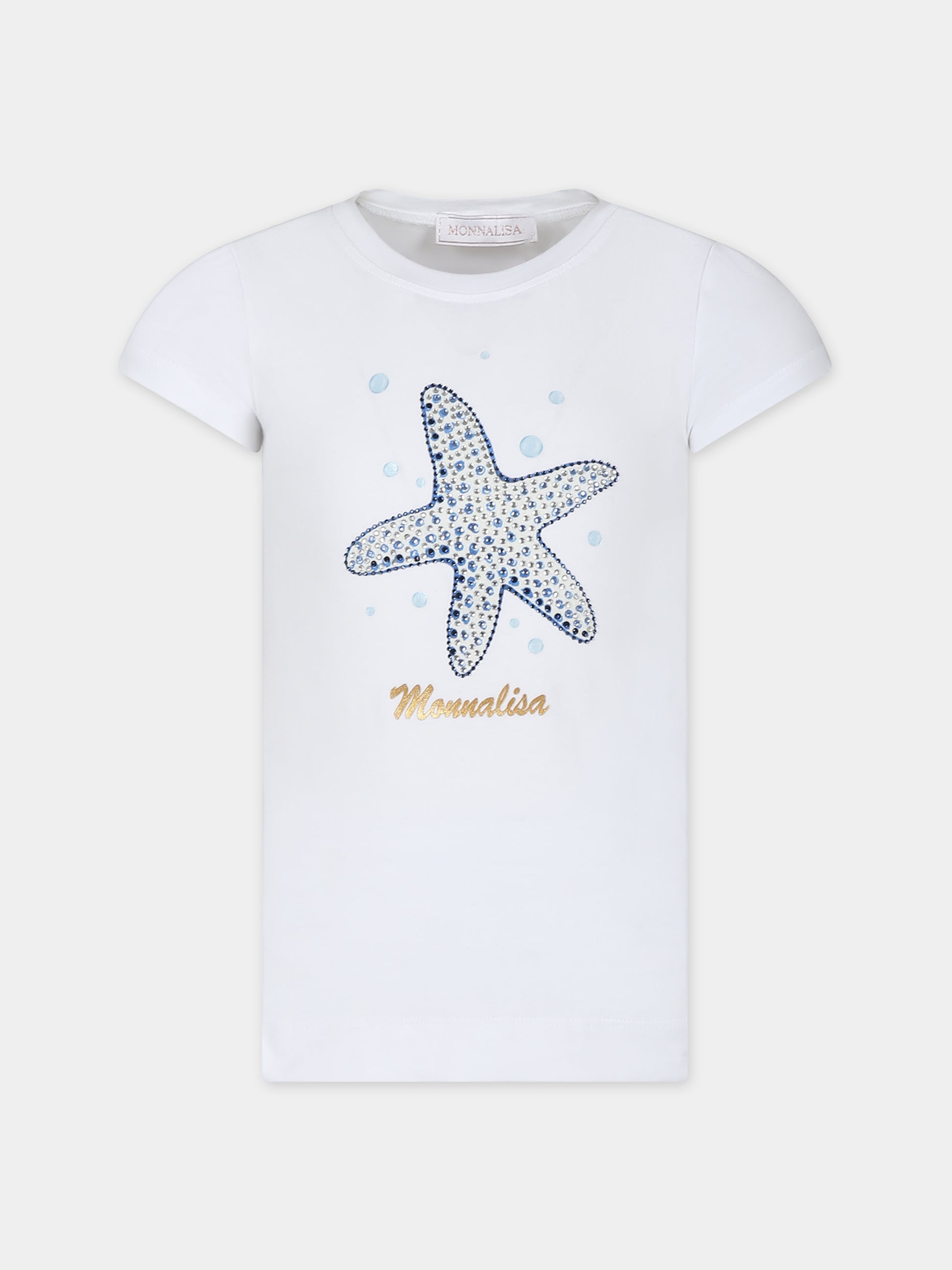 T-shirt bianca per bambina con stella marina e logo,Monnalisa,19C618 3011 0099