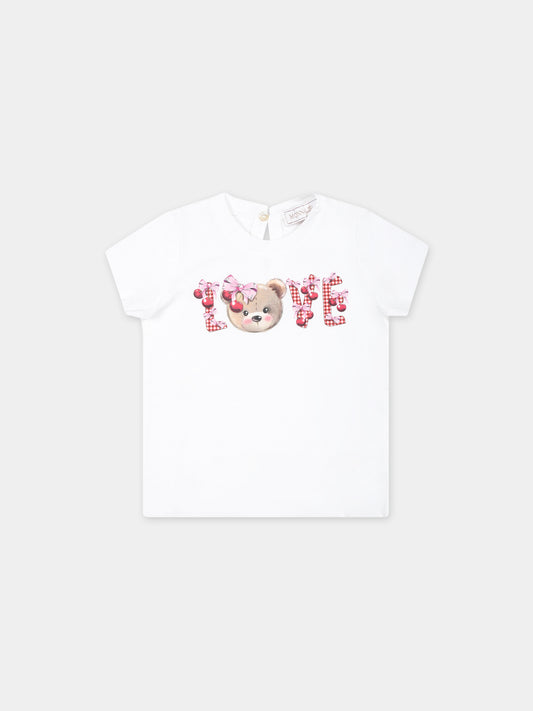 T-shirt bianca per neonata con stampa orso e scritta,Monnalisa,39C611 3003 9990
