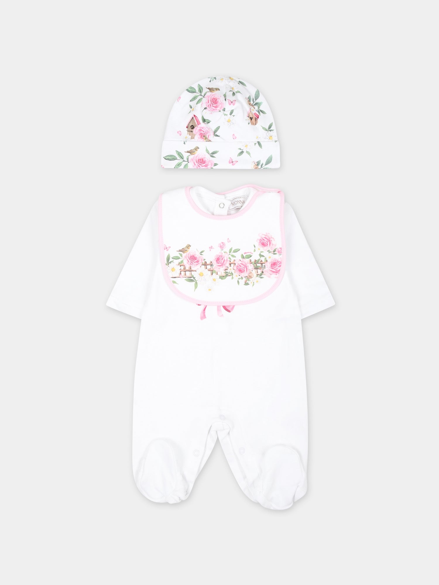 Set bianco per neonata con stampa fiori,Monnalisa,35C501 3000 0099