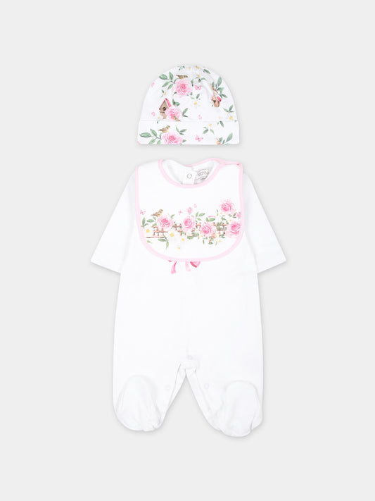 Set bianco per neonata con stampa fiori,Monnalisa,35C501 3000 0099
