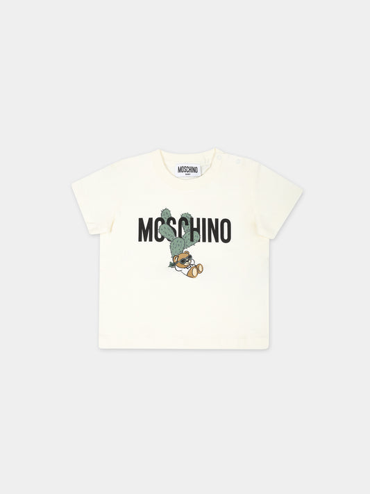 T-shirt avorio per neonato con Teddy Bear e cactus,Moschino Kids,MXM032 LAA02 20059