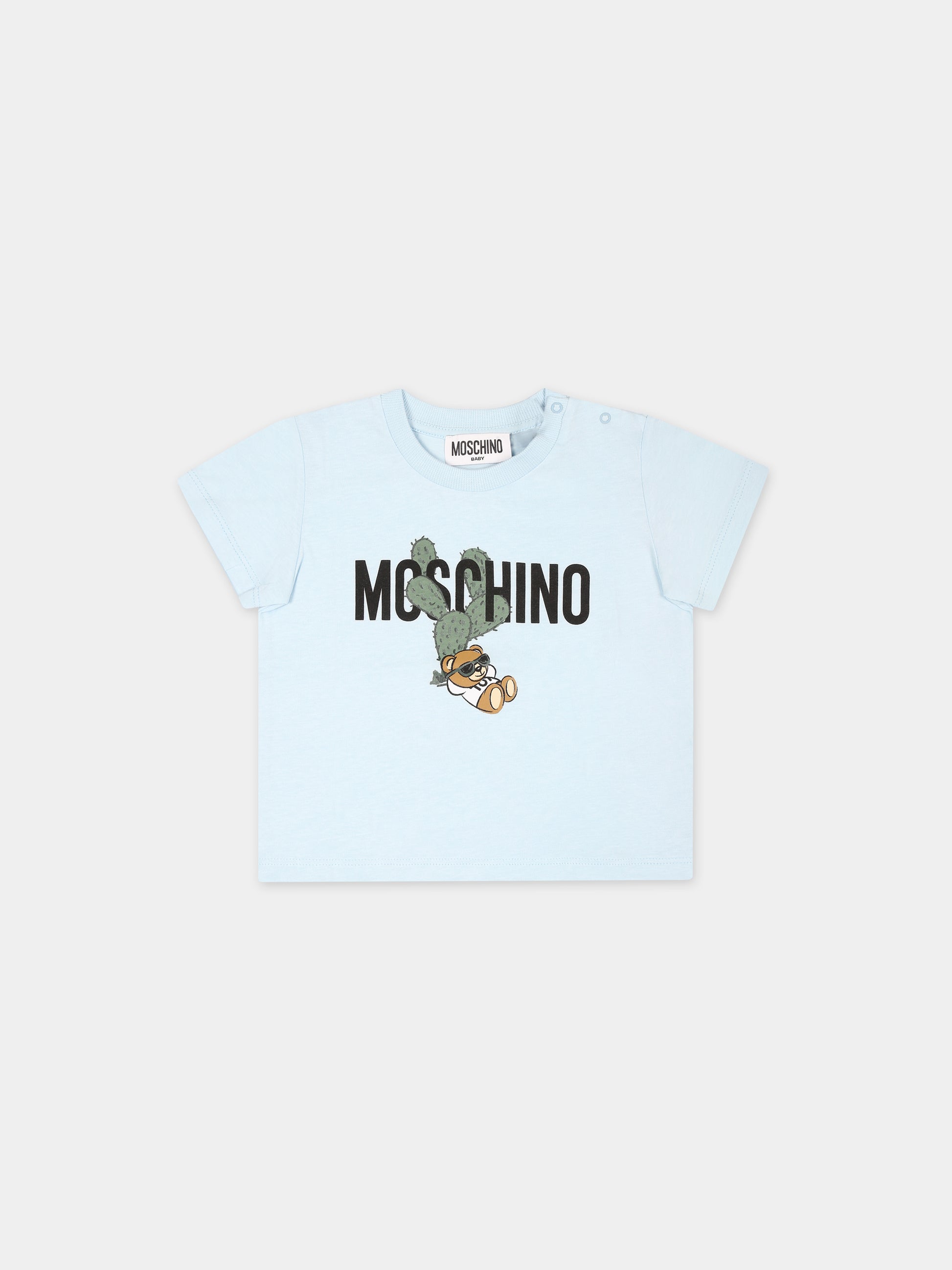 T-shirt celeste per neonato con Teddy Bear e cactus,Moschino Kids,MXM032 LAA02 40304