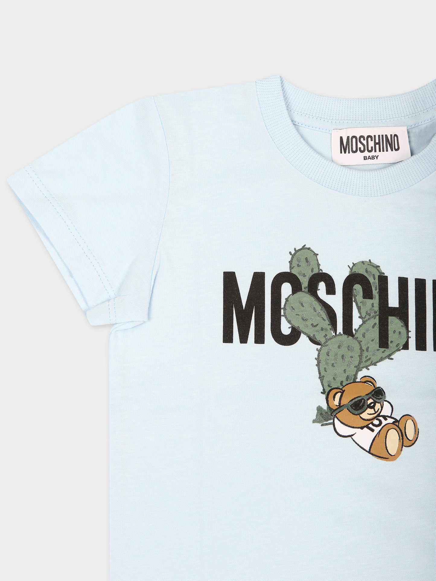 T-shirt celeste per neonato con Teddy Bear e cactus,Moschino Kids,MXM032 LAA02 40304