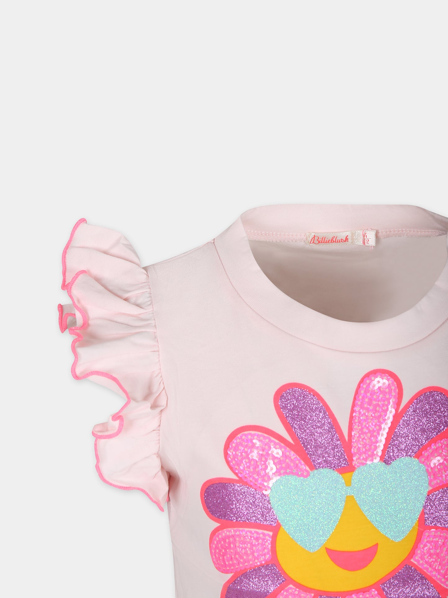 T-shirt rosa per bambina con fiore e paillettes,Billieblush,U20077 45S