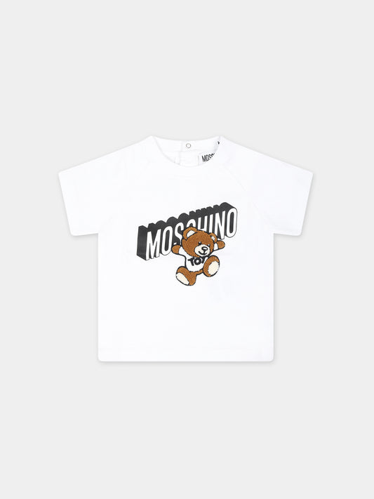 T-shirt bianca per neonati con Teddy Bear e logo,Moschino Kids,MUM03Q LAA01 10101