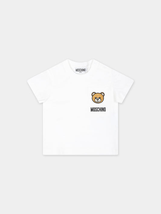 T-shirt bianca per neonato con Teddy Bear e logo,Moschino Kids,MUM040 LAA23 10101