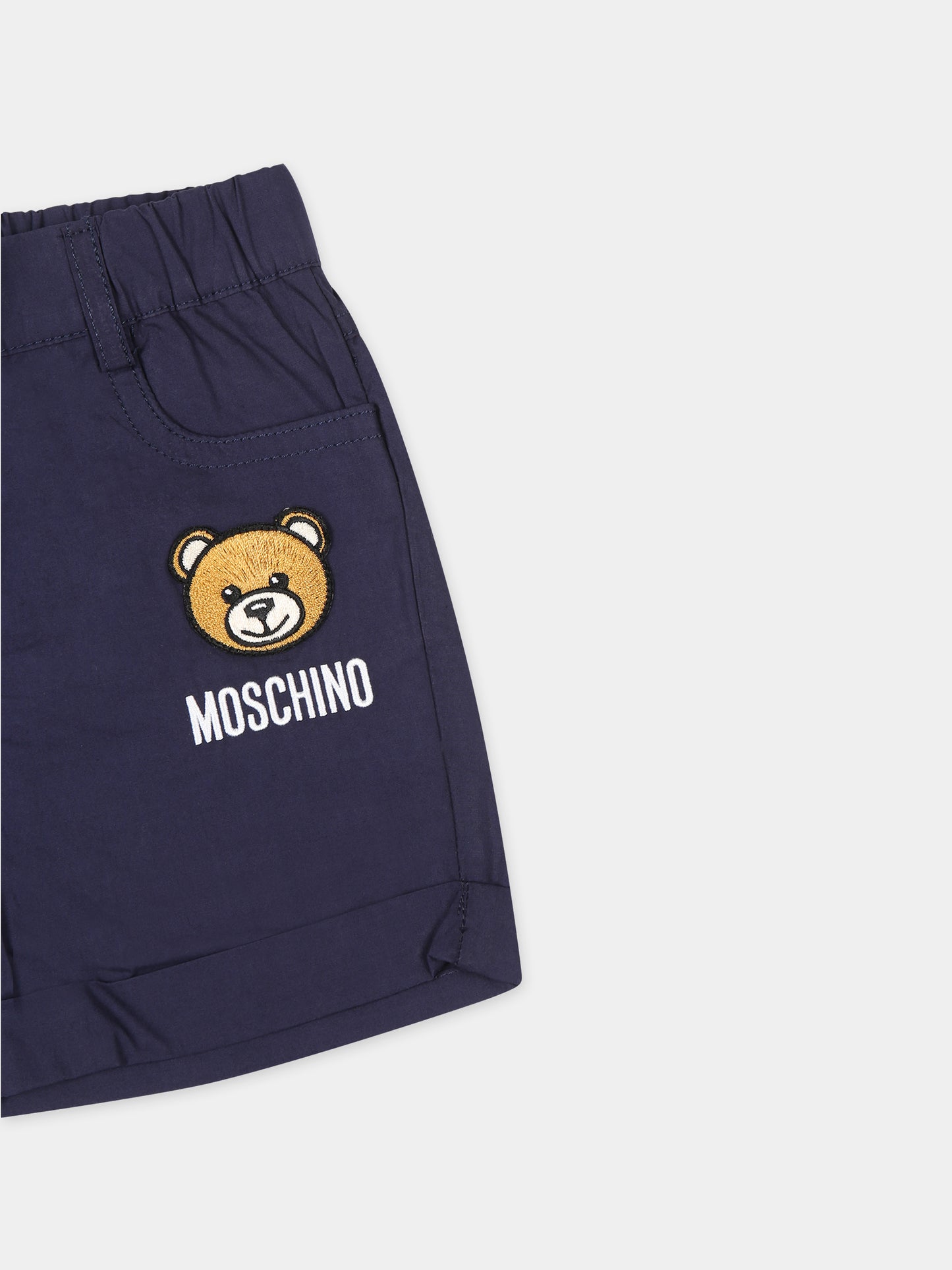 Shorts blu per neonato con Teddy Bear e logo,Moschino Kids,MUQ016 LLA11 40016