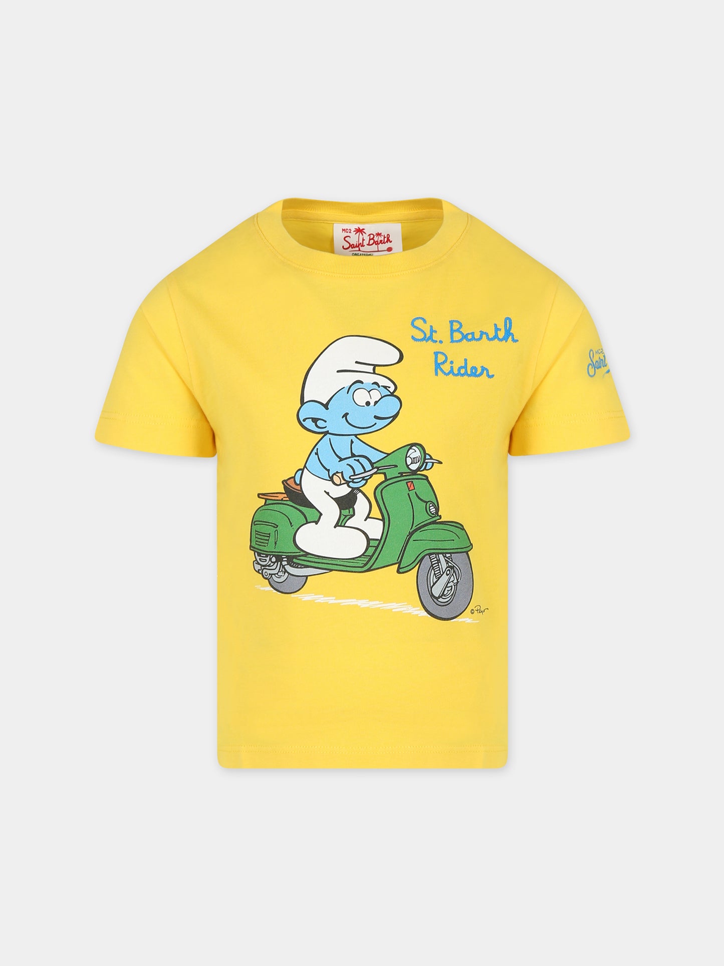 T-shirt gialla per bambino con stampa Puffo e logo,Mc2 Saint Barth,TSH0001 00593D